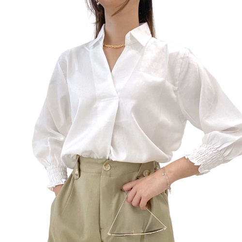 ZASKIYA - KARA V-Neck Blouse with Collar / Atasan Wanita Kantor Casual Lengan Karet