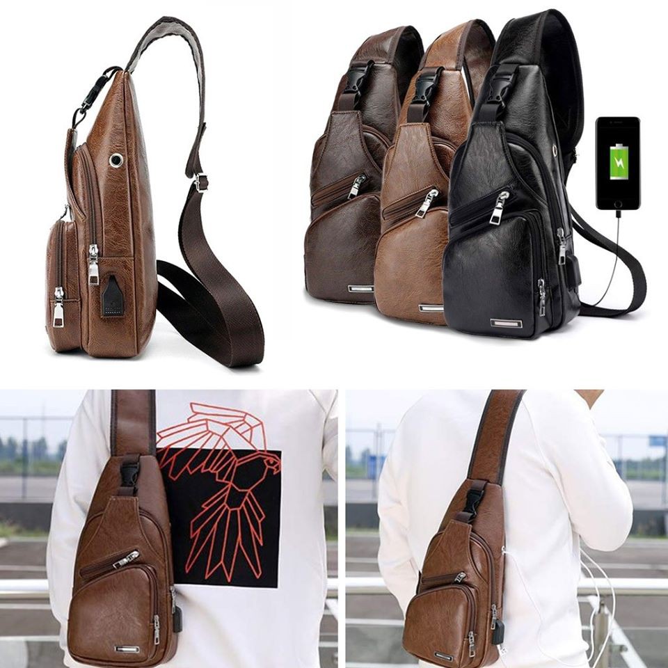 UG Tas Selempang usb Pria Sling Bag Kulit + USB Port IMPORT / tas kulit pria