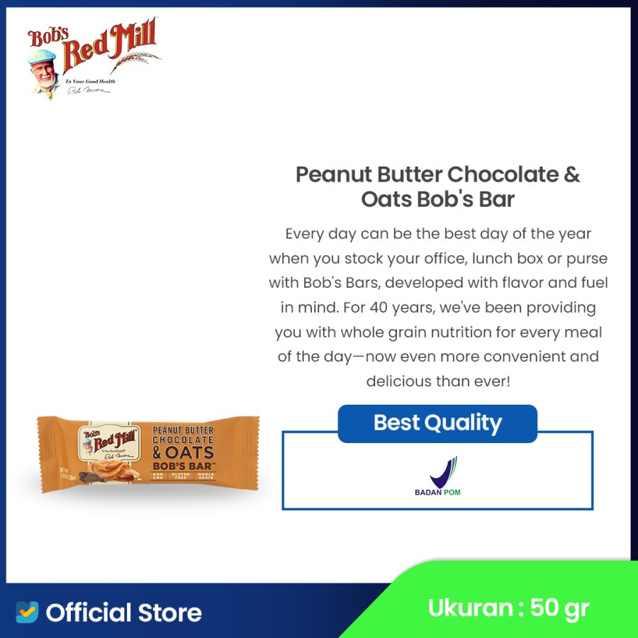 

Bob's Red Mill Peanut Butter Chocolate & Oats Bob's Bar 50gr