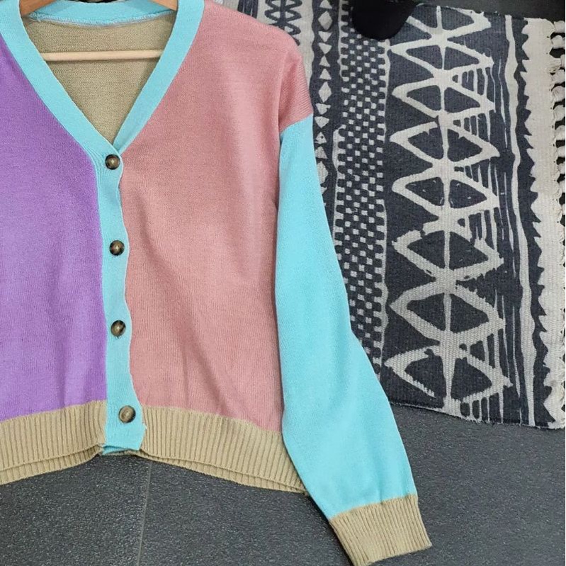 rajut retro rainbow cardigan