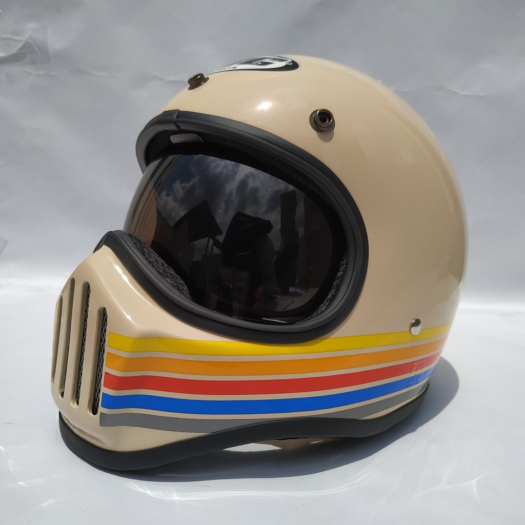 Helm Cakil HBC Stripe Cream Glossy + Inner Visor ( Fullface / Retro / Klasik / Vespa )