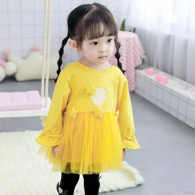 Dress tutu anak / baju baby import / gaun bayi pink kuning motif bintang tile tangan panjang star