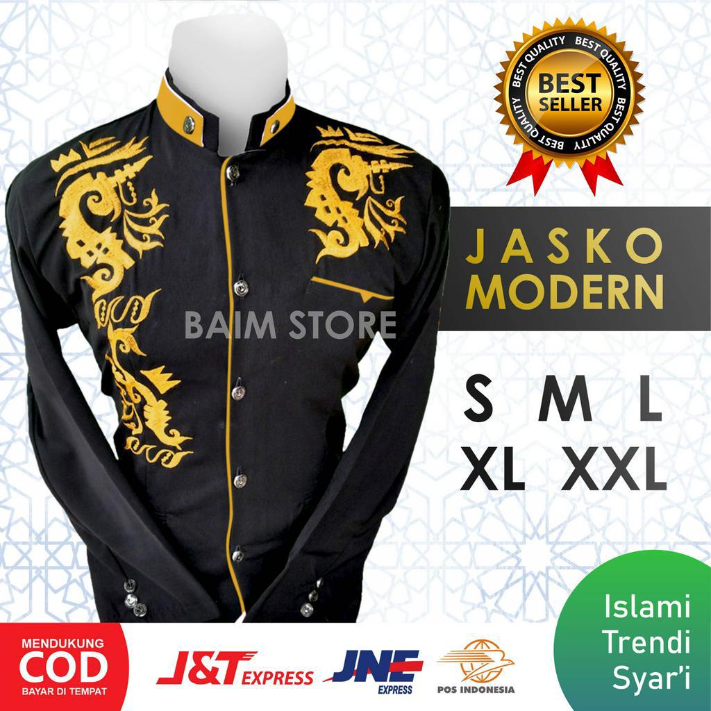 Baju Koko Jasko Muslim Pria Bordir Hitam List Kuning Cina Murah S M L XL XXL