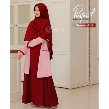 Baju Gamis Elbina Set Muslim Fashion Setelan Remaja 2in1Dress+outer dress  Termurah Wanita Laris pakaian wanita-Maroon Pink