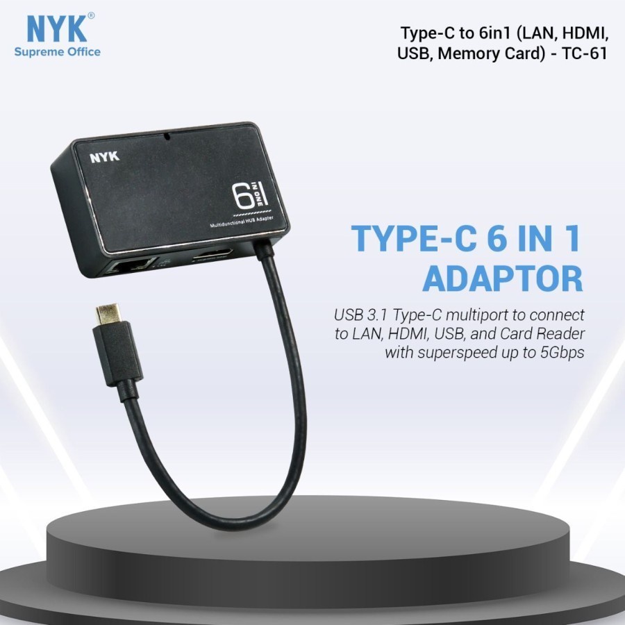 NYK TC-61 Type C To 6 in 1 LAN + HDTV + USB 3.0 2 Port + Card Reader / Converter TYPE C To HDTV LAN USB 3.0