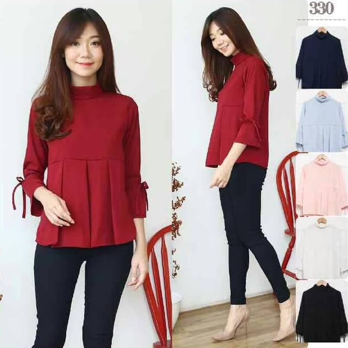 BLOUSE WANITA  BAJU ATASAN WANITA MURAH/ATASAN KOREA IMPORT/BAJU KANTOR - LILY TOP - NAVY, S