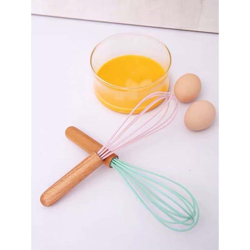 UNIK88 WHISK KOCOKAN TELUR SILICONE GAGANG KAYU PENGADUK TELUR WHISK KUE