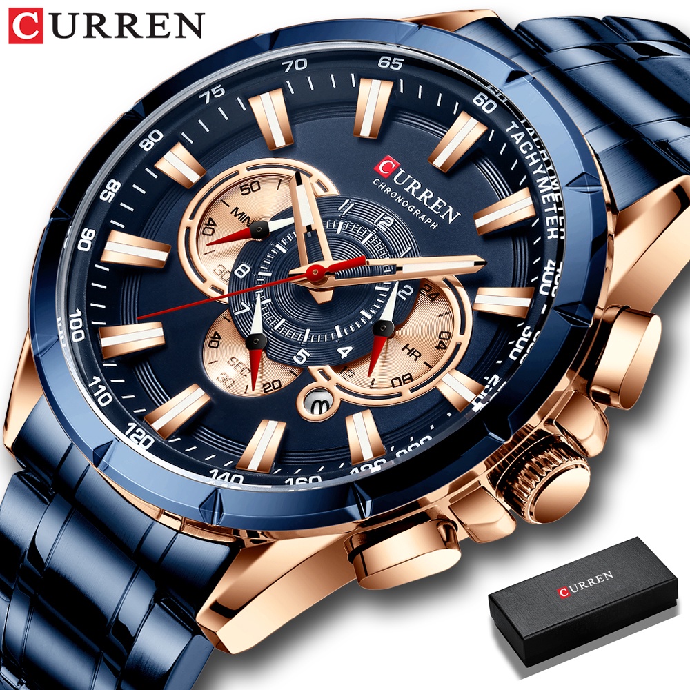 【Original】CURREN Jam Tangan Pria Model Sport Militer Army Anti Air Bahan Stainless Steel Chronograph Luminous Hand Quartz Watches