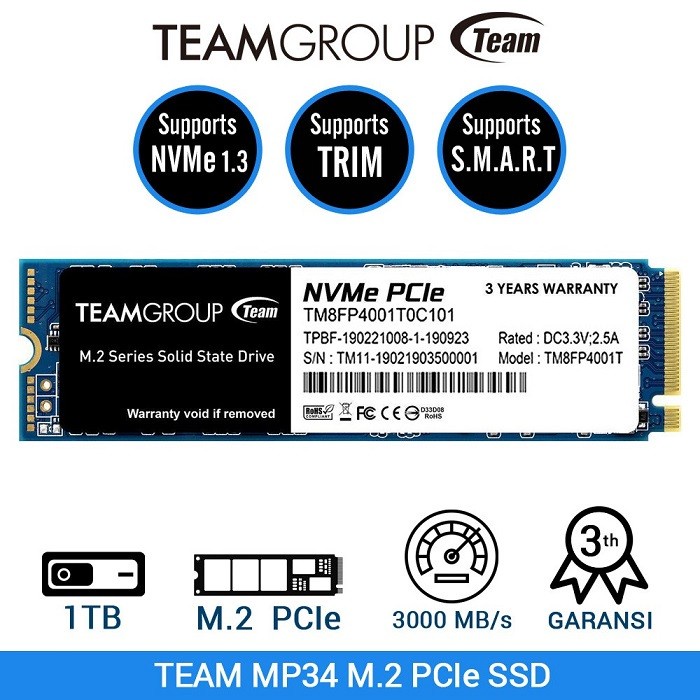 Team Group MP34 SSD 1TB M 2 NVME 2280 PCIe 3.0 x4 with NVMe 1.3