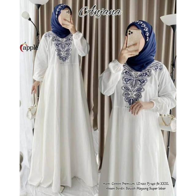 Anjana Maxy, GAMIS PUTIH LEBARAN JUMBO CANTIK FIT XXXL LD 120 BAHAN KATUN PREMIUM MIX BORDIR TERMURAH OOTD TERLARIS