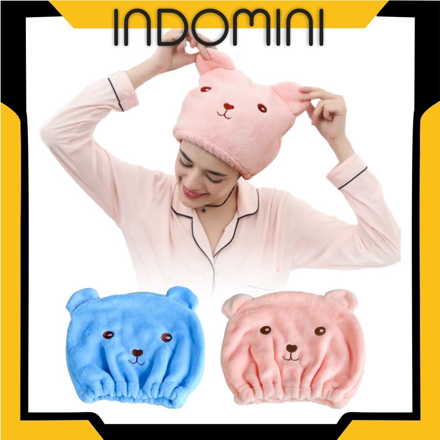 INDOMINI R513 Handuk Keramas Mandi Topi Handuk Pengering Rambut Kepala Hair Tower Shower Cap Karakter Bear Import