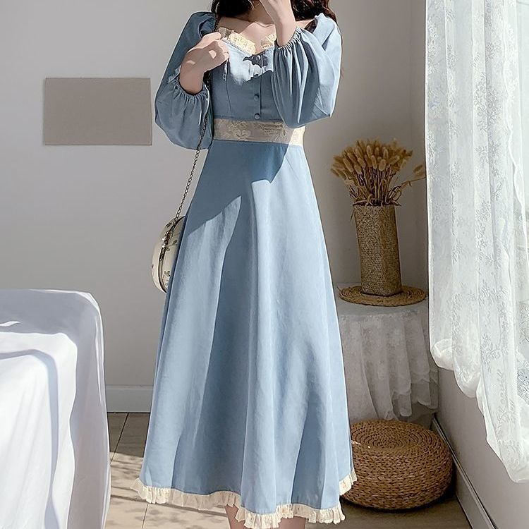 Long Dress Wanita Lengan Panjang Model Retro V-Neck A-Line Untuk Musim Semi / Gugur