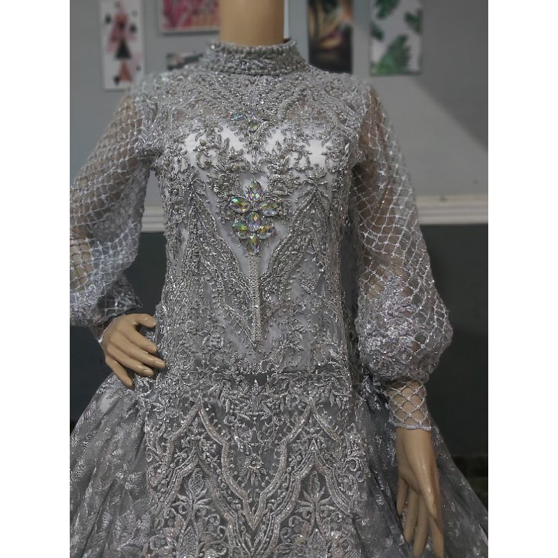gaun pengantin tangan lonceng tile akar mutiara silver