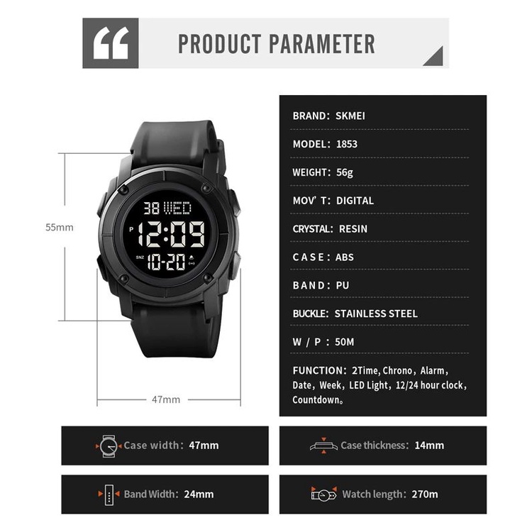 SKMEI 1853 Jam Tangan Pria Digital Chronograph Sport Watch Anti Air Tali Rubber WATCHKITE WKOS