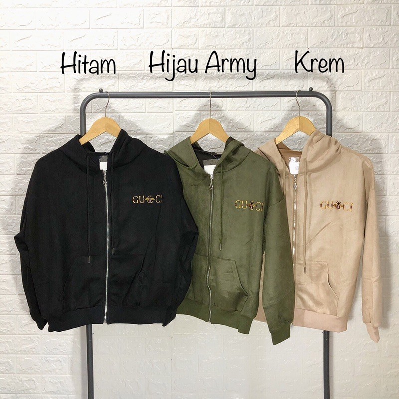 Jaket Suede Import Gucci Bordir Dengan Hoodie