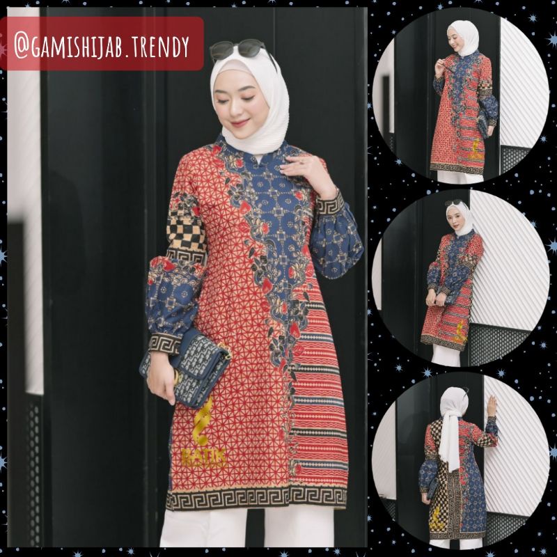 Batik Prabuseno Batik Printing Tunik Blouse Wanita Lapis Trikot Motif Anjar Zipper Belakang Non Busu