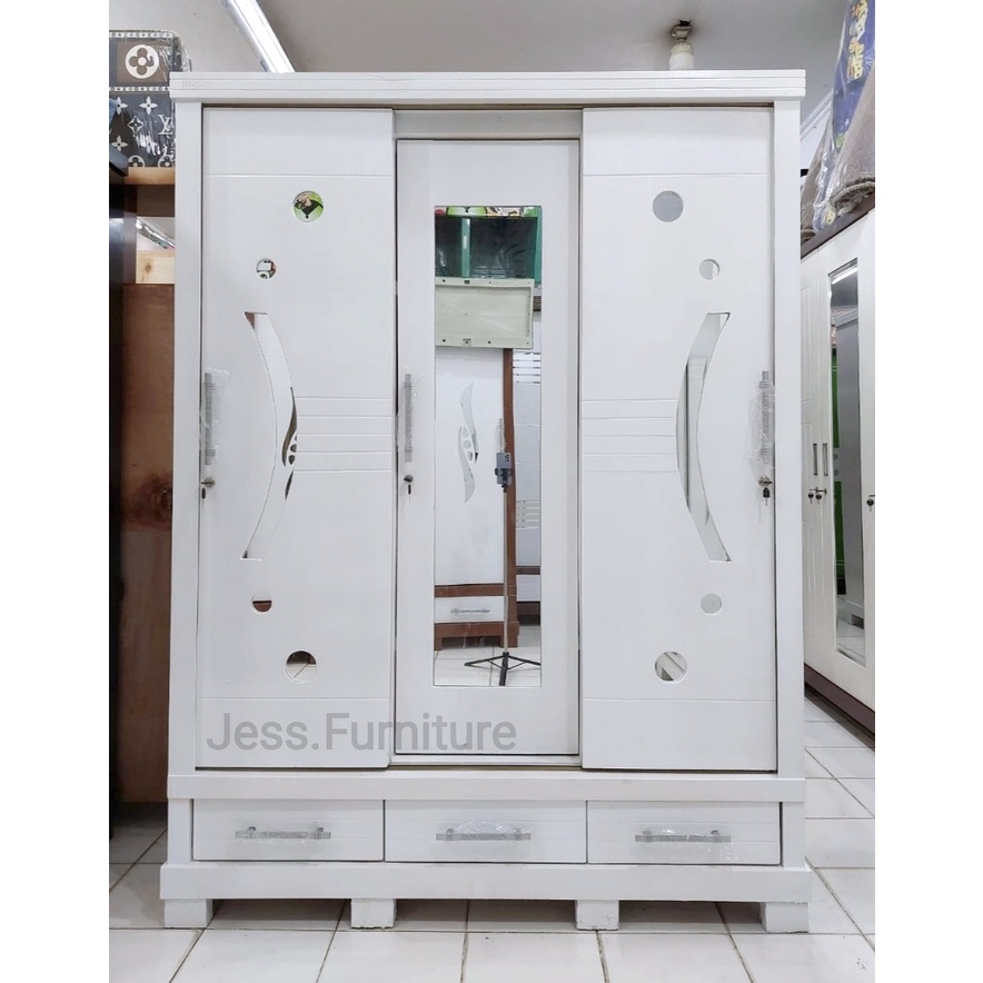 Lemari Pakaian 3Pintu Sliding Putih , Lemari Baju 3Pintu Geser , Lemari Baju 3Pintu Gamis Geser