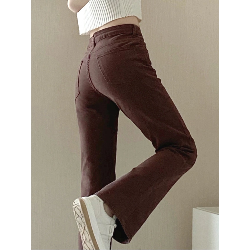 Coklat korean high waist celana jeans wanita