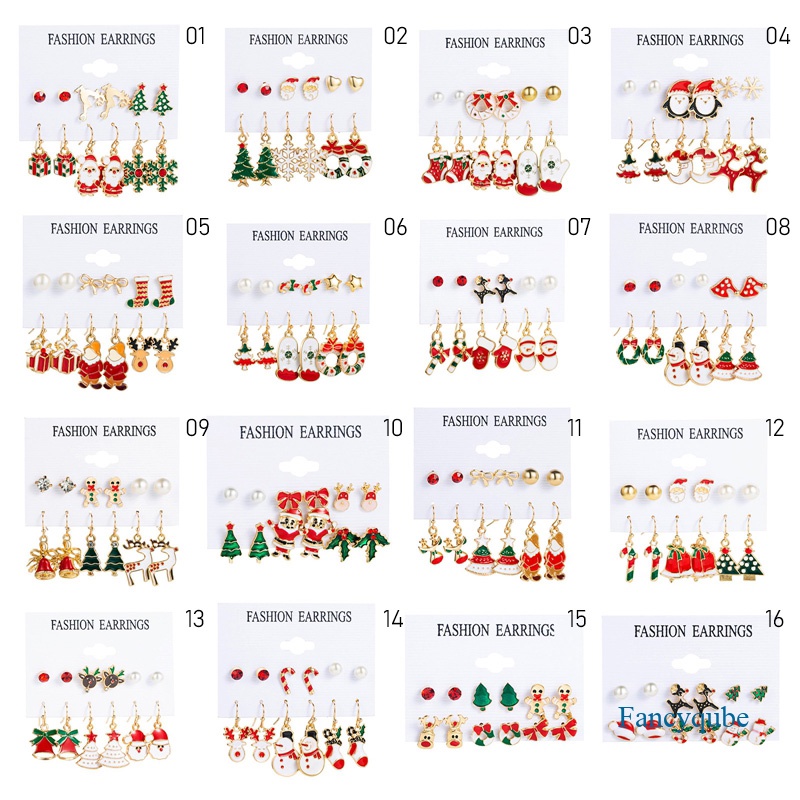 Fancyqube 6 Pasang Anting Desain Pohon Natal Rusa Snowman Santa Claus Untuk Wanita