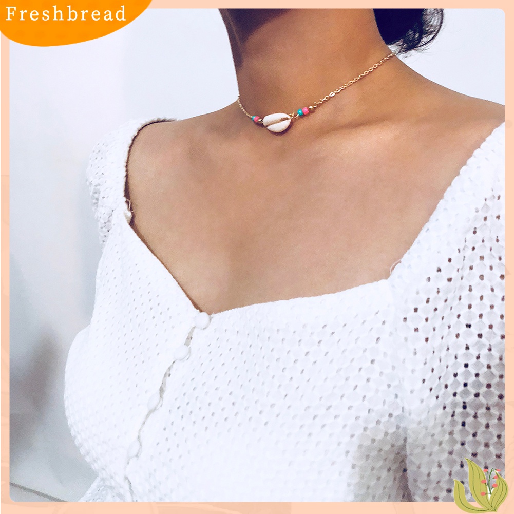 ?Fresh??Kalung Choker Rantai Simple Pendan Manik+Kerang Gaya Boho untuk Wanita