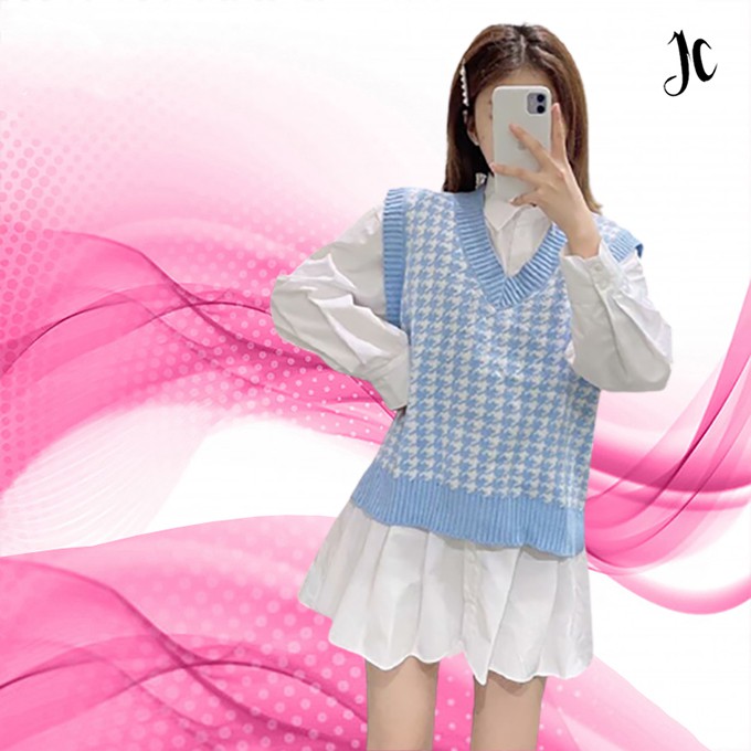 Vneck Rompi Rajut Crop / Vest Rajut Wanita Oversize Houndstooth Knitted Vest Sweater Hanny JCCollections
