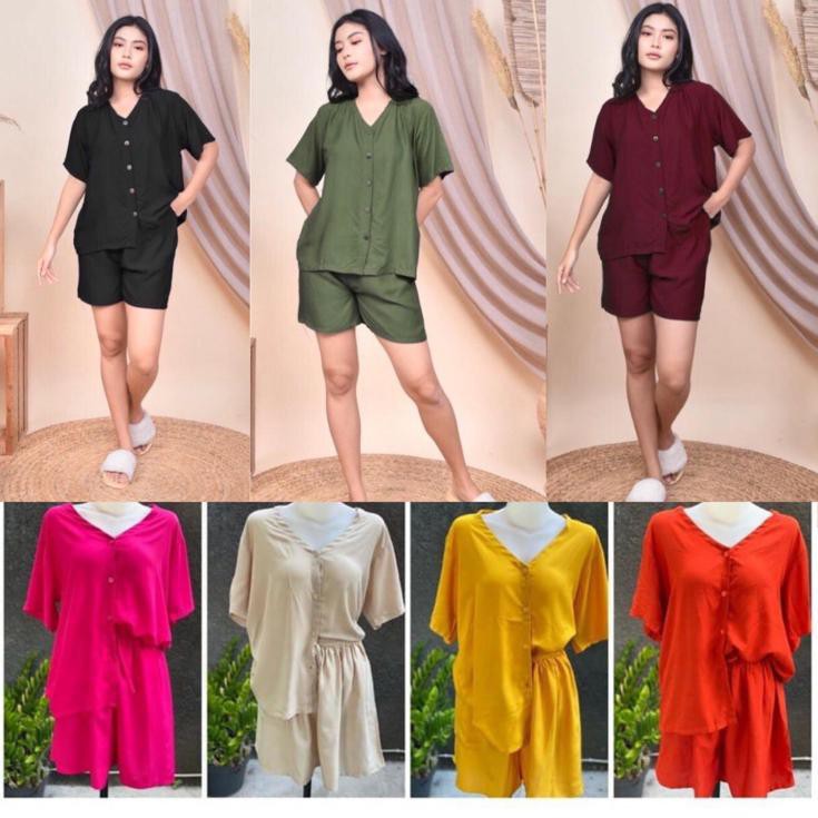 BAJU TIDUR WANITA SETELAN KANCING CELANA PENDEK RAYON GRADE A WARNA POLOS