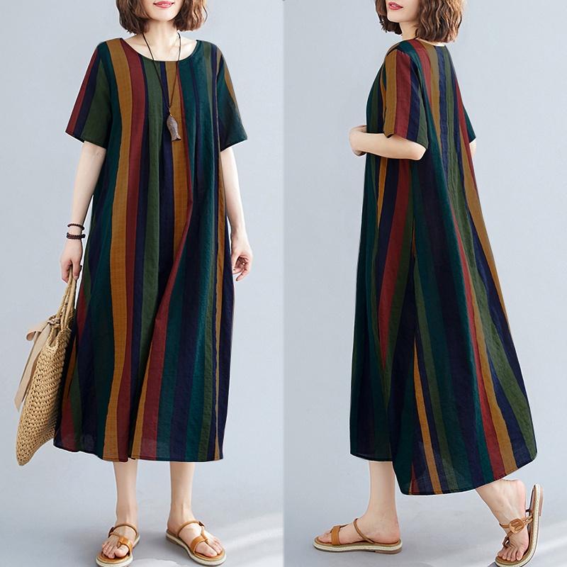 ZANZEA Women Short Sleeve Striped Vintage Flare Swing Maxi Dress