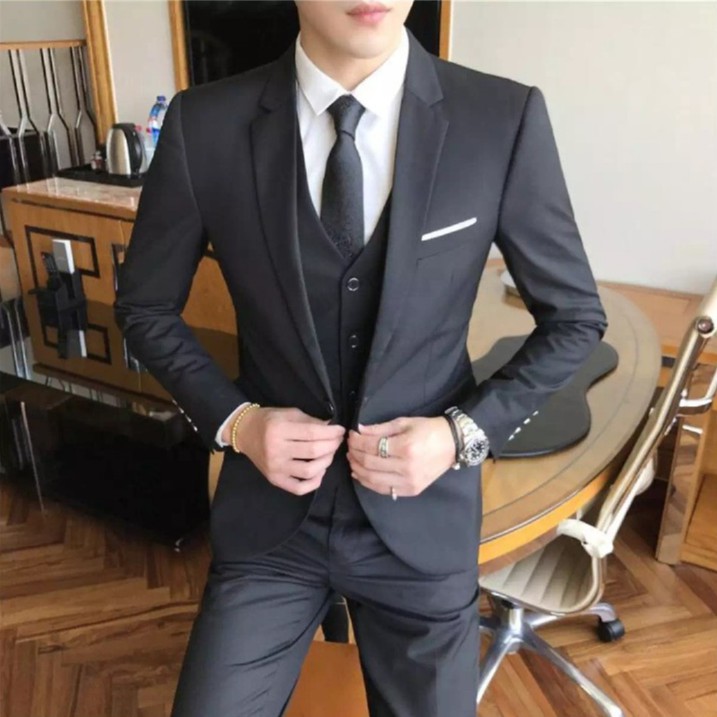 BLAZER SETELAN RESMI SLIMFIT GRANDMODRIC BLACK 5IN1 HIGH TWIST ISTIMEWA + BONUS DASI PANJANG NIKAYU