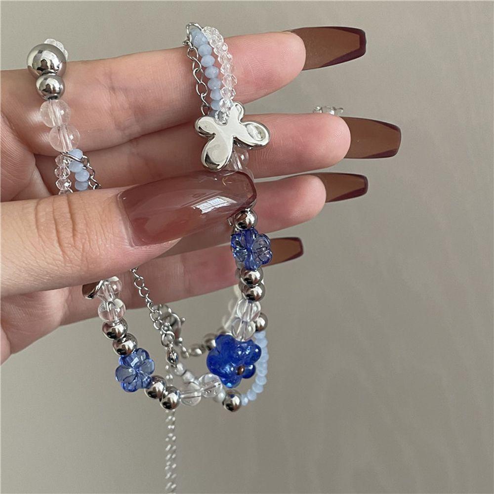 Needway   Wanita Kalung Trendi Rantai Manis Biru Liontin Manik-Manik Leher Perhiasan