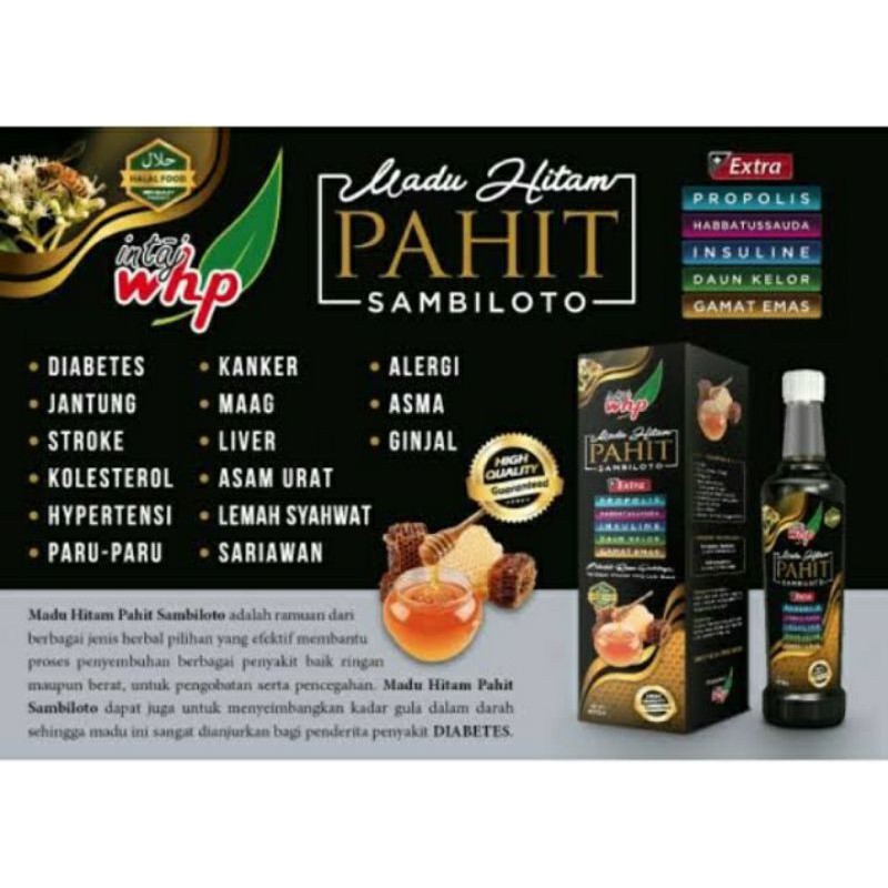Madu hitam pahit sambiloto intaj Whp extra propolis, habbatusauda, insuline, daun kelor, Gamat emas,