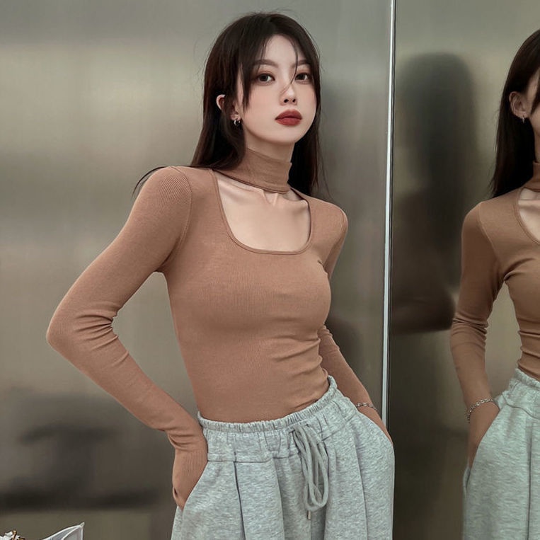 #Sisjuly# Kaos Atasan Kaos Halter Berongga Berleher Turtleneck Seksi