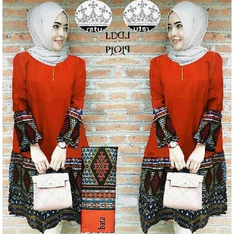 pakaian Gaun muslim ibu islami Top Zipper Tenun Batik Bata untuk pesta kerja kantor