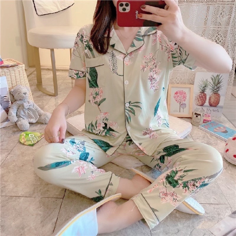 JC Piyama Set CP import / Piyama wanita CP / Piyama wanita Import murah-Leaf flow Cream CP