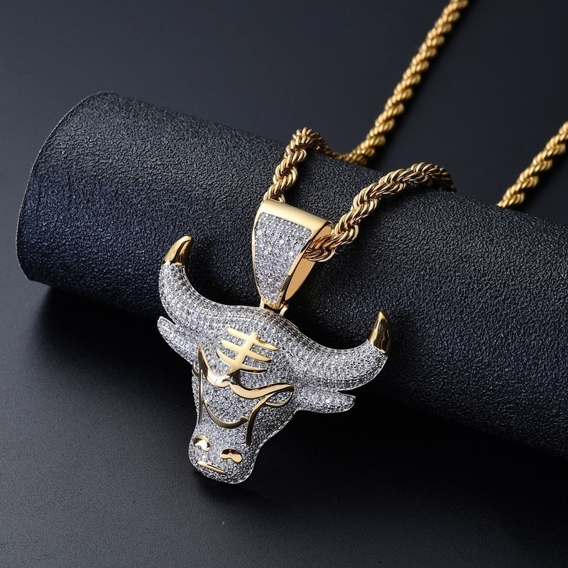 Men Hip Hop Fashion Full Rhinestone Bull Head Pendant Necklace Sparkling Ice Out Stainless Steel Gold Necklace