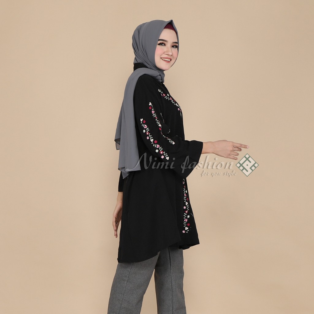 Kemeja Tunik Bordir Premium Full Kancing Hidup / Atasan Kemeja Tunik Panjang Jumbo