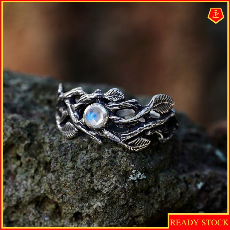 [Ready Stock]Moonstone Black Silver Twigs Ring Retro Simple