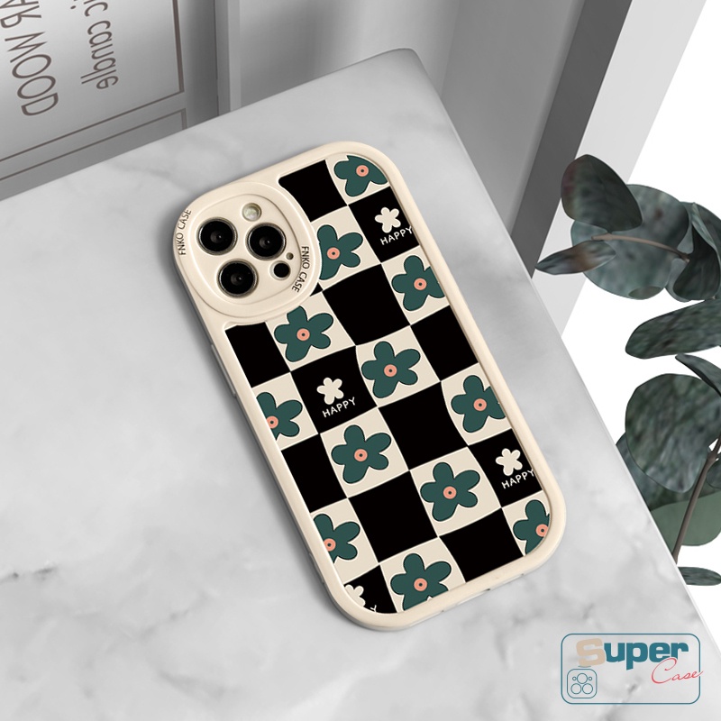 IPHONE Art Retro Bunga Abstrak Kotak-Kotak Geometri Korea Fashion Gadis Phone Case Kompatibel Untuk Iphone14 11 13 12 Pro MAX XR 78 6 6s Plus X XS MAX SE 2020lucu Lembut TPU Silicon Cover