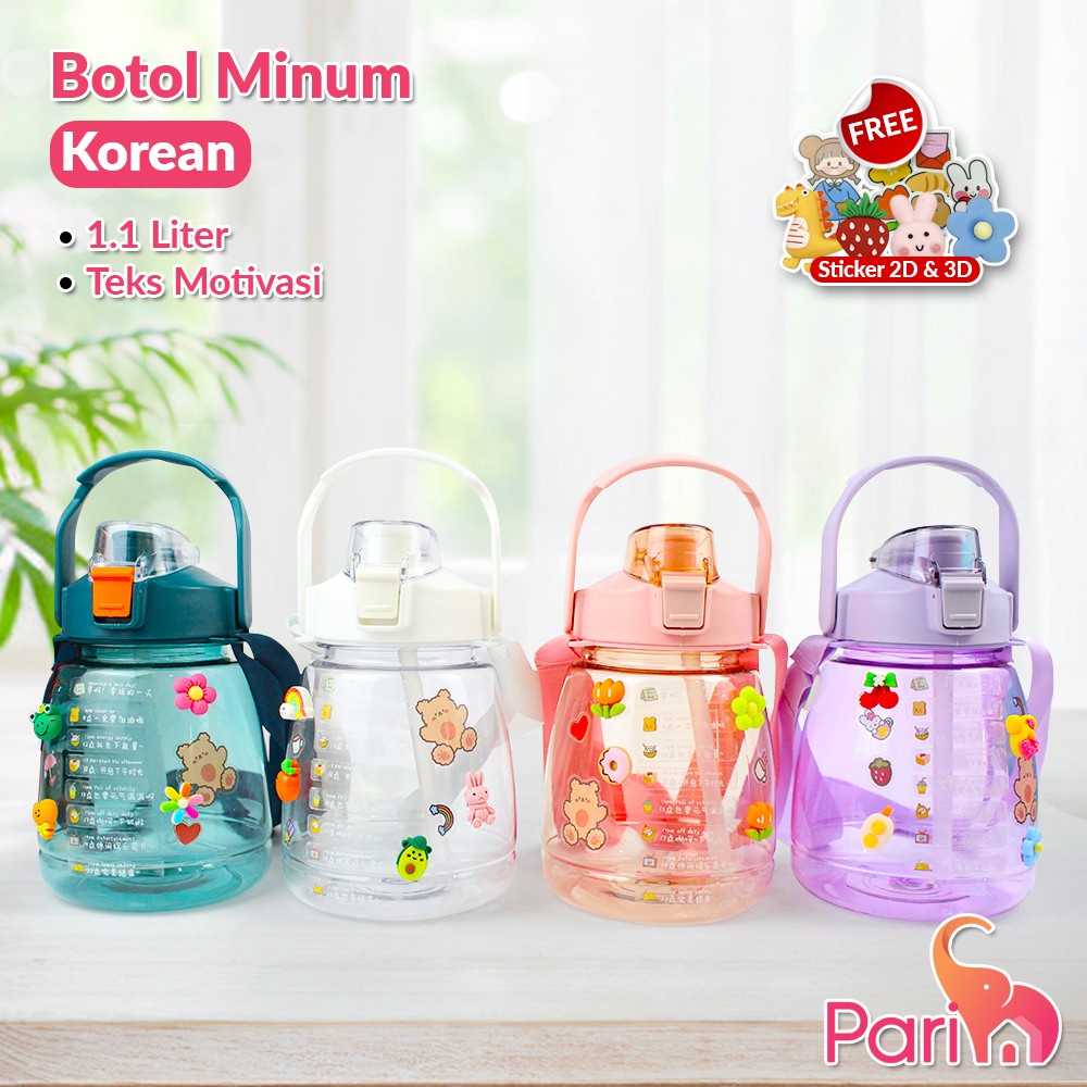 Botol Motivasi Transparan 1.1 Liter Botol Viral Free Sticker 2D & 3D