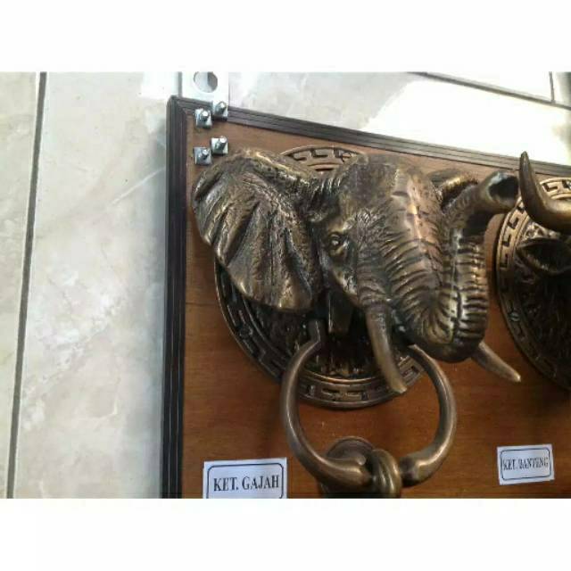 Ketukan Pintu Rumah Pagar Kuningan Antik Motif Gajah 14cm