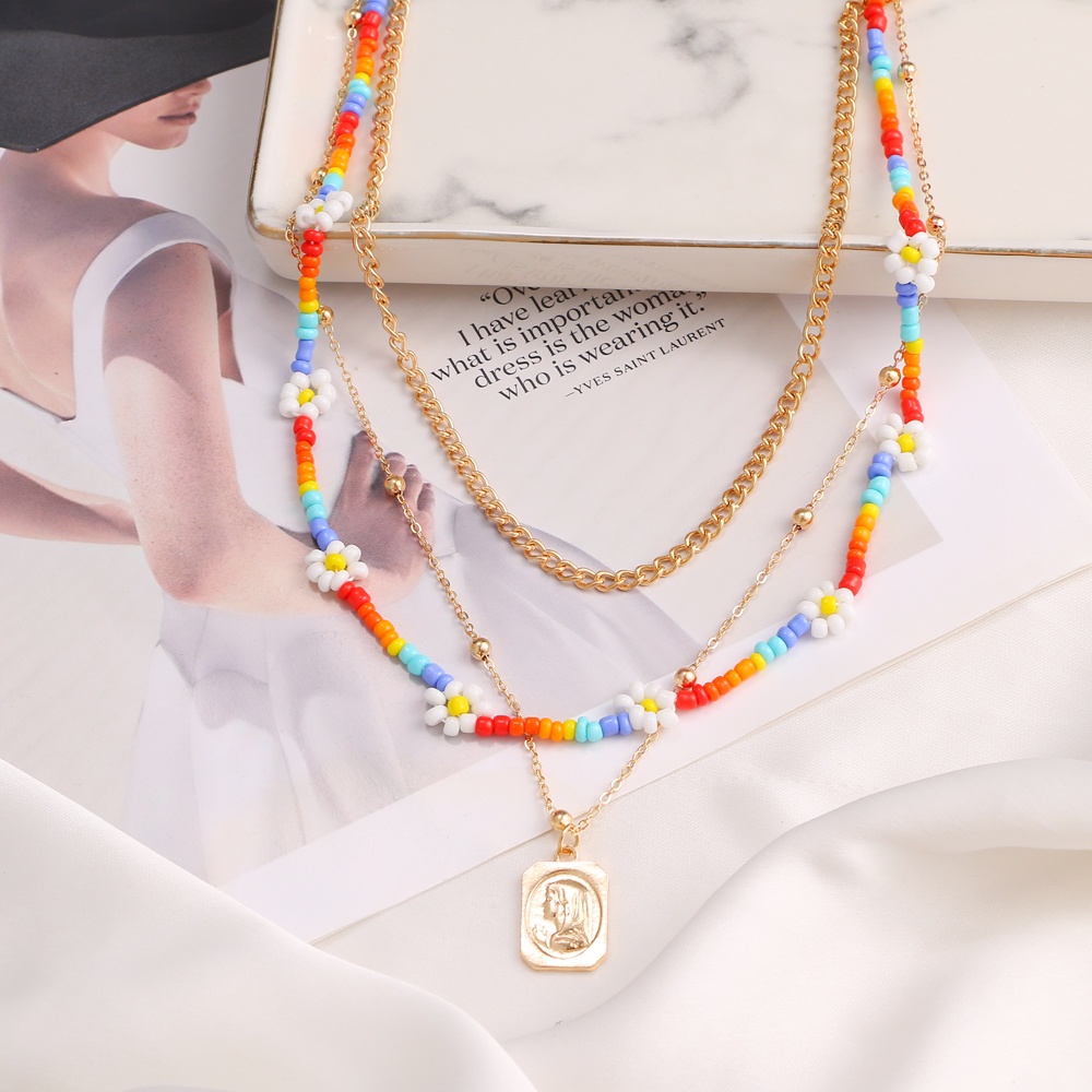 Daisy Color Rice Bead Multilayer Necklace Bohemia Multilayered Vintage Necklaces For Women Portrait Pendant Popular Chain Necklace 2021 Trend Jewelry