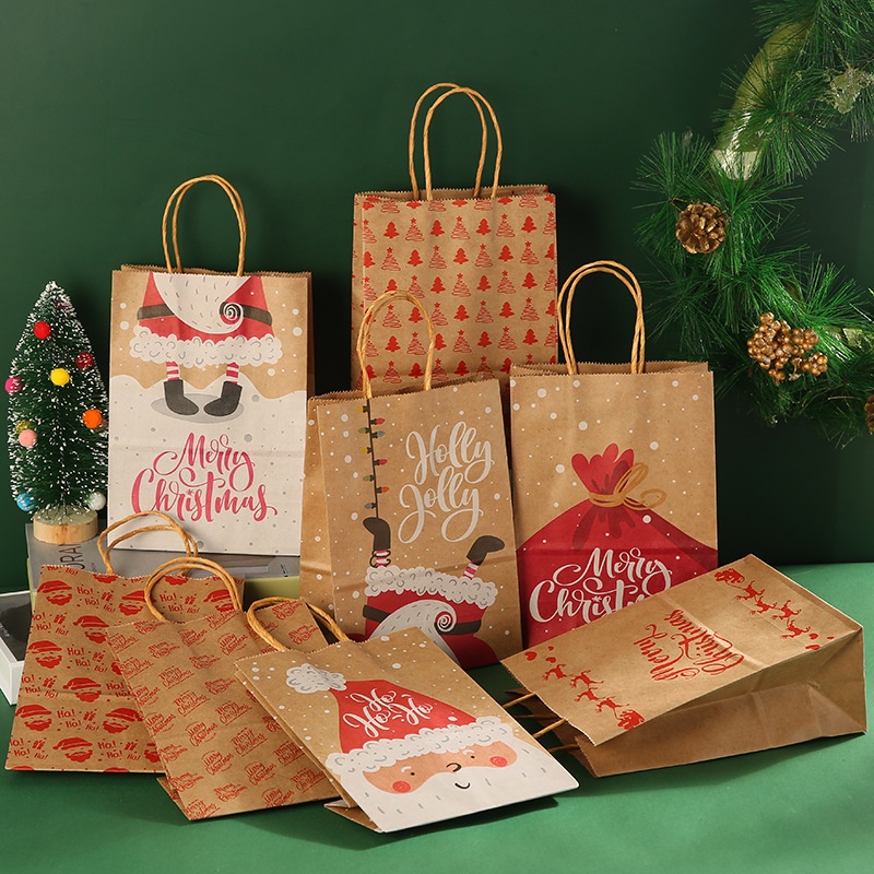 Tas Kertas Kraft Motif Santa Claus Dengan Handle Untuk Hadiah Natal