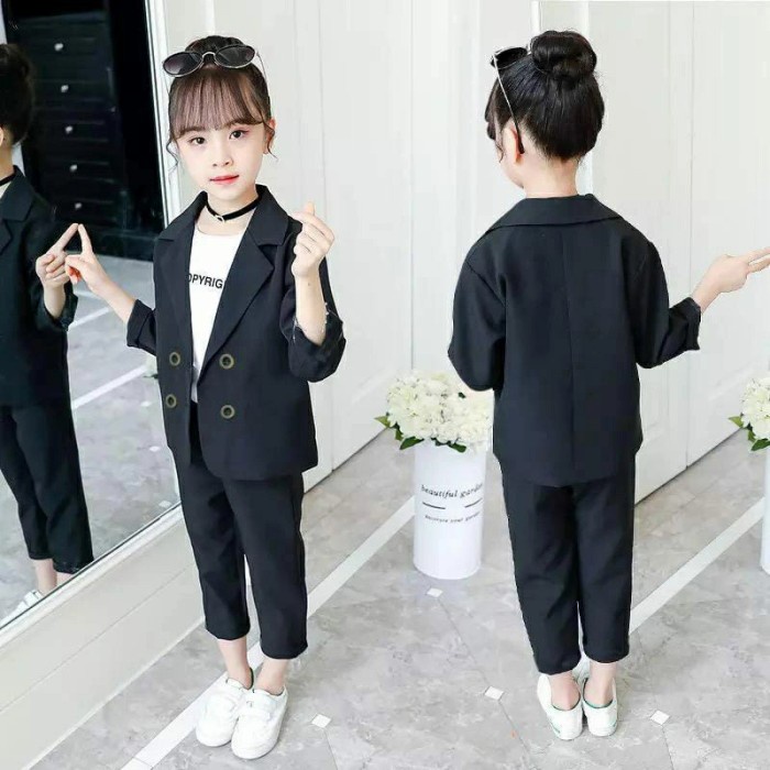 Baju Anak Perempuan - Set Jas Kid Perempuan Moden Baju Korea Setelan 3in1 Reiko Kid - Hitam