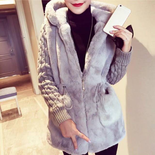 WOMAN WINTER PLUSH FUR KNIT HOODIE WARM JACKET JAKET WANITA BULU RAJUT MUSIM DINGIN