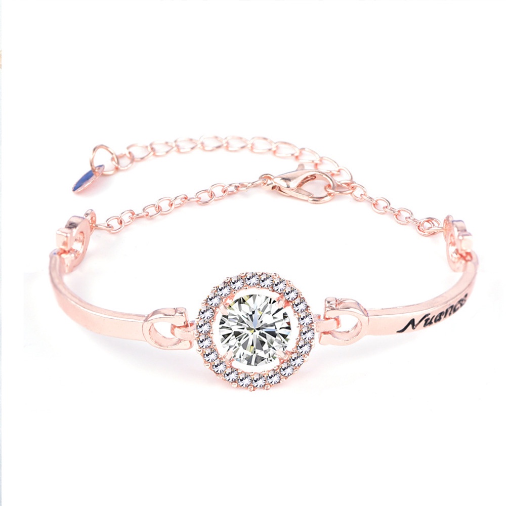 1pc Gelang Bangle Rose Gold Silver Hias Kristal Berlian Imitasi Adjustable Untuk Wanita