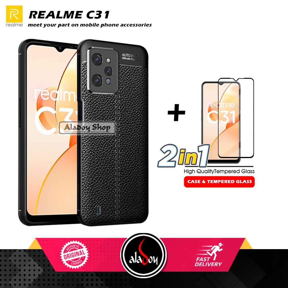 PAKET Case Autofocus Leather Free Tempered Glass Pelindung Layar Realme C31