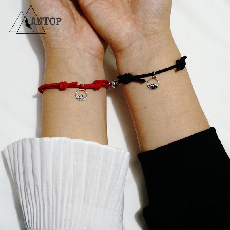 2 Pcs Gelang Pikat Pasangan / Gelang Sahabat / Gelang Pria / Magnet Tenun Tali Hitam Merah Menarik Perhiasan Cinta Jarak Jauh B1 Antop