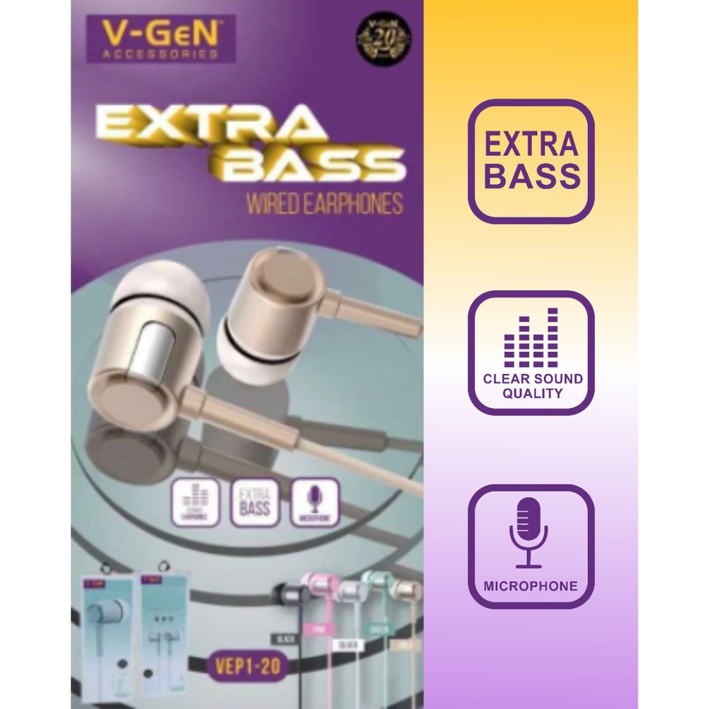 HEADSET EARPHONE  V-GEN WIRED VEP1-20 EXTRA BASS