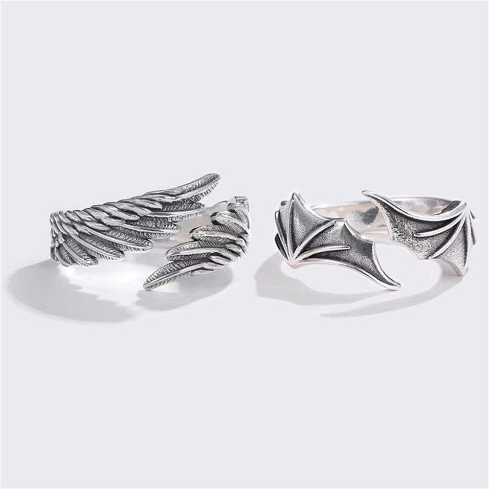 Nanas Malaikat Sayap Setan Wanita Pria Hadiah Cincin Terbuka Kekasih Punk Gothic Adjustable