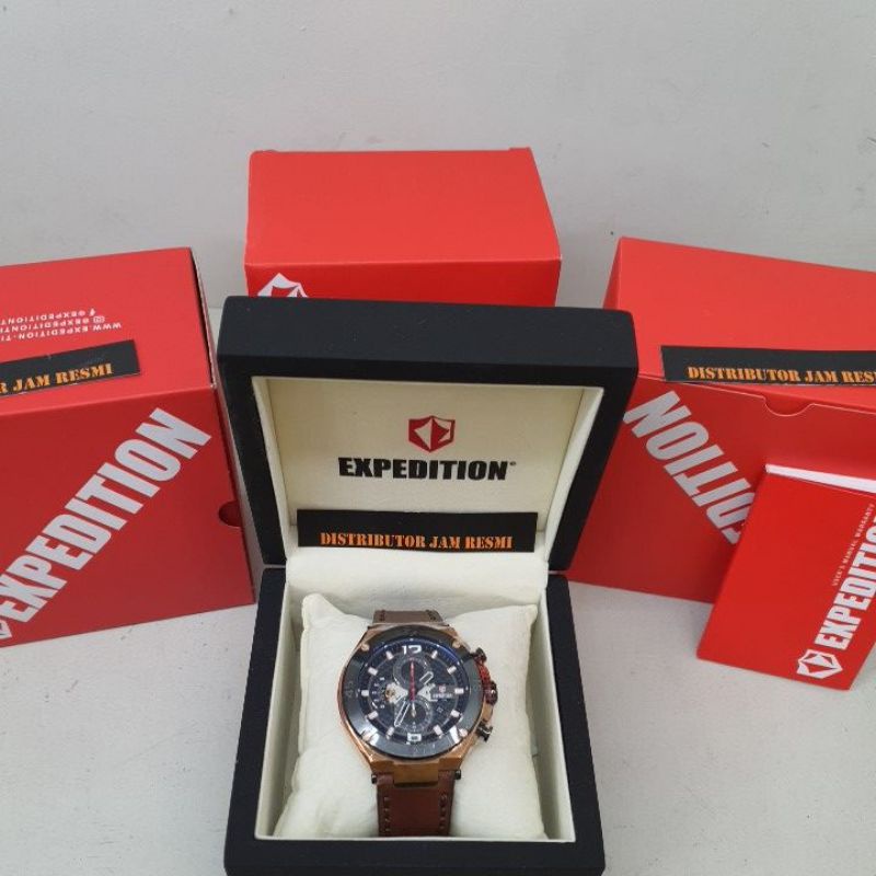 Jam Tangan Pria Expedition E6756M E 6756 M E6756 M E 6756M Black Rose Gold Dial Black Brown Leather 