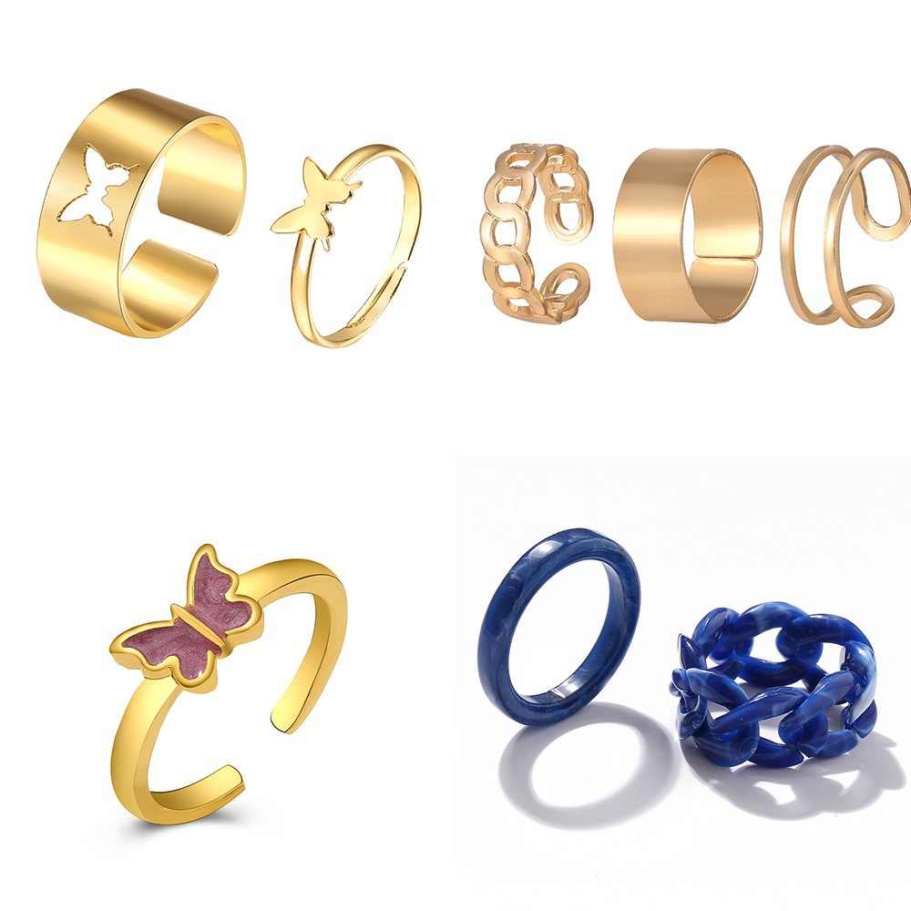 YEEZII 3Pcs/Set Korean Hollow Butterfly Couple Ring Set Resin Rings Colorful Star Moon Gold Silver Ring for Women Accessories Jewelry Gift